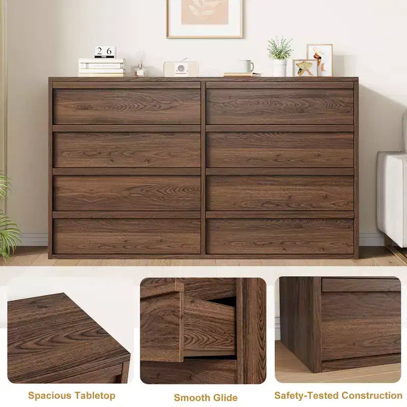 Walnut 8 Drawer Dresser for Bedroom, 54in Wide 8 Chest of Drawers with Handle-free Design, Modern Closet Organizer for Bedroom Living Room Nursery