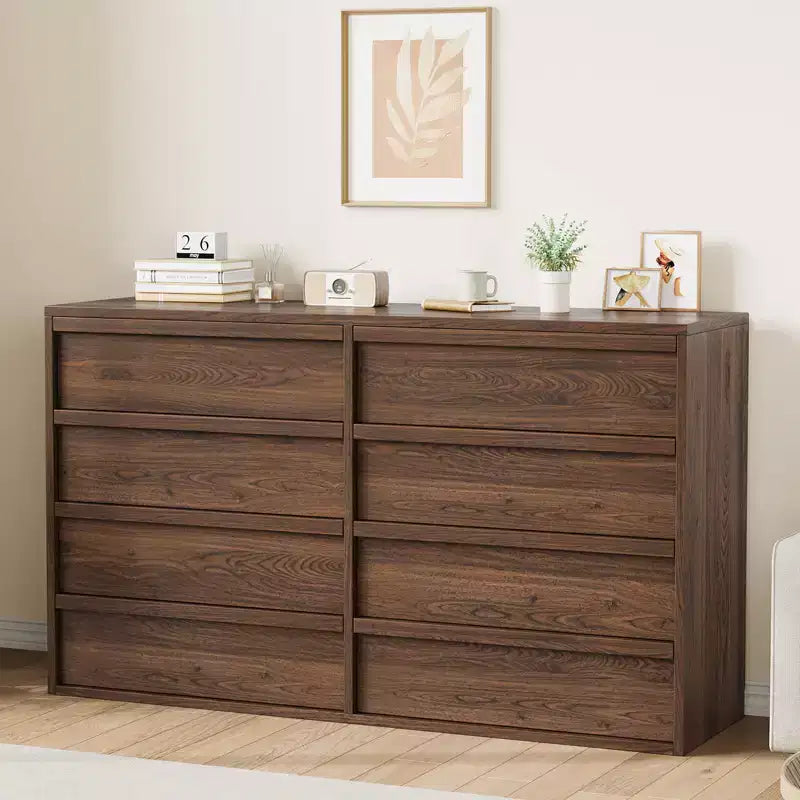 Walnut 8 Drawer Dresser for Bedroom, 54in Wide 8 Chest of Drawers with Handle-free Design, Modern Closet Organizer for Bedroom Living Room Nursery