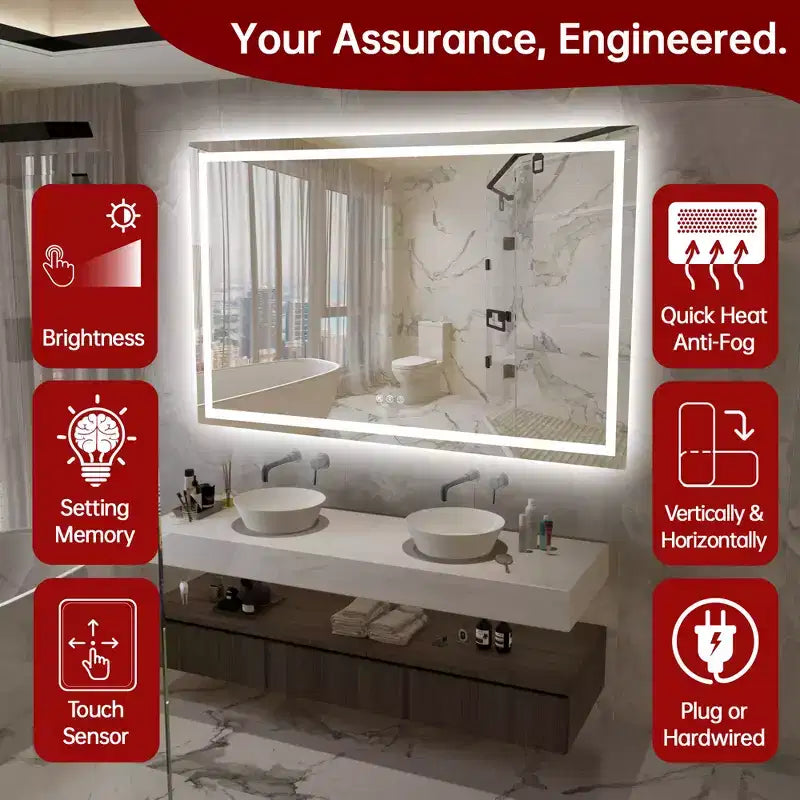 SUMERAIN 55x36 Anti-Fog Bathroom Mirror Stepless Dimmable ETL LED Wall Vanity Mirror Tempered Glass