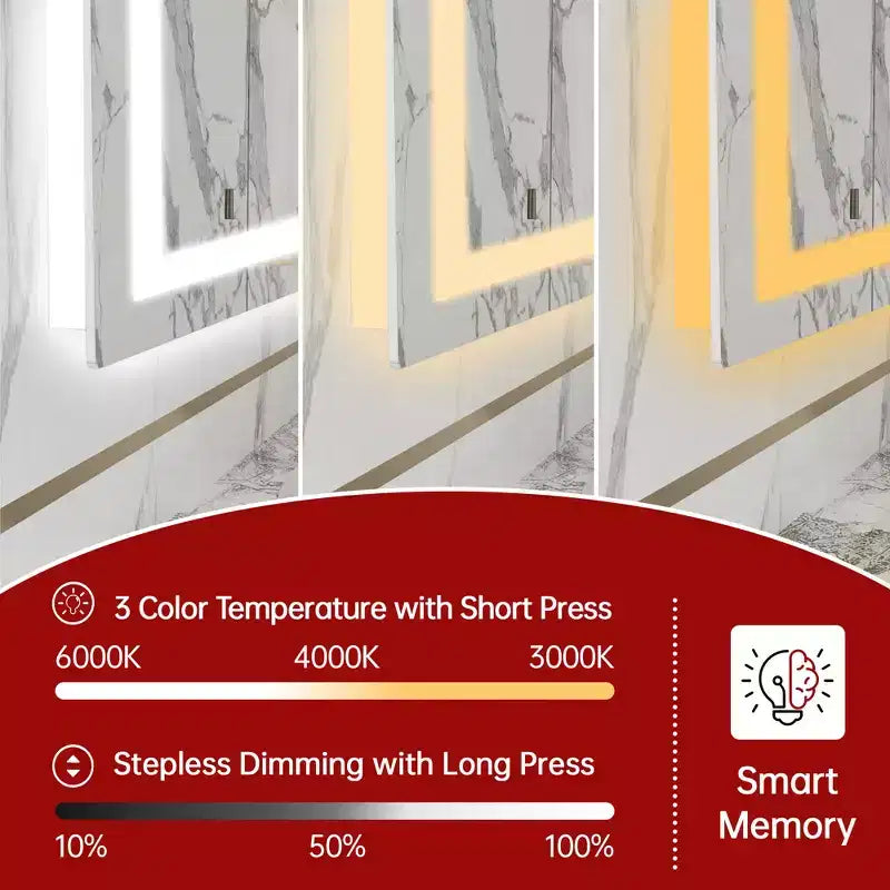 SUMERAIN 55x36 Anti-Fog Bathroom Mirror Stepless Dimmable ETL LED Wall Vanity Mirror Tempered Glass
