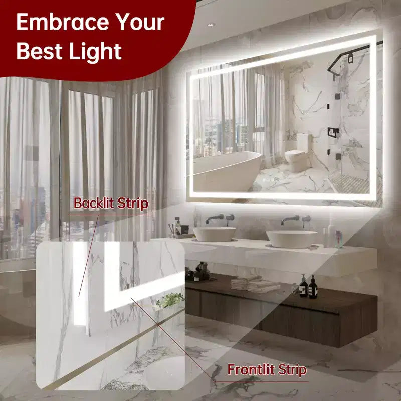 SUMERAIN 55x36 Anti-Fog Bathroom Mirror Stepless Dimmable ETL LED Wall Vanity Mirror Tempered Glass