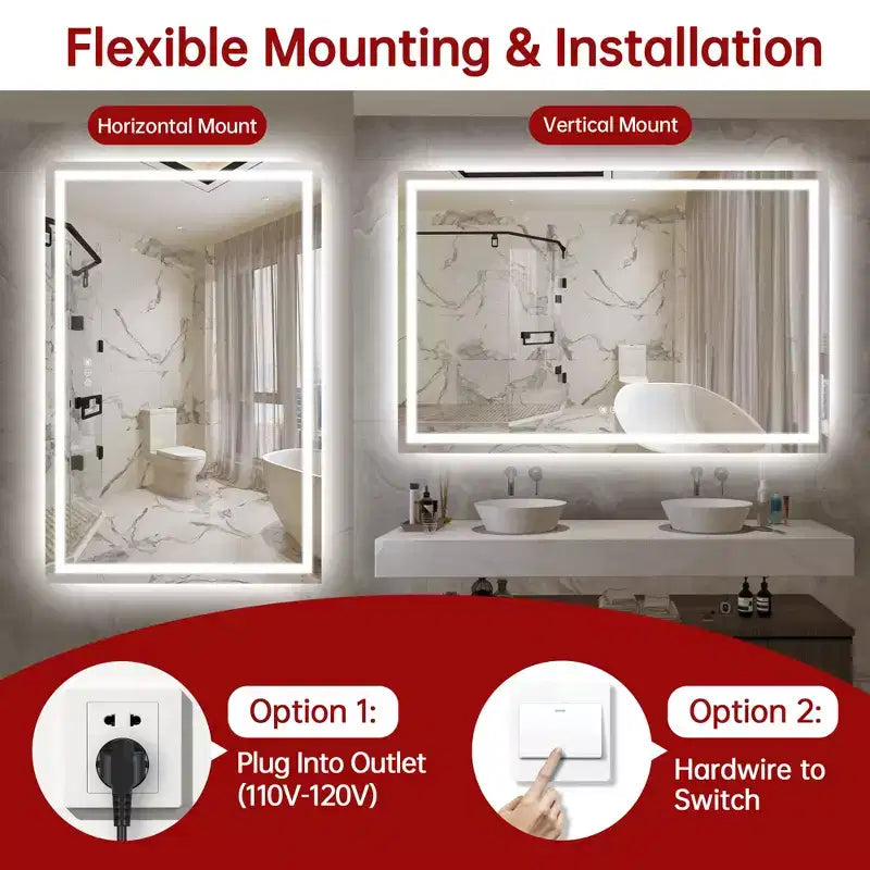 SUMERAIN 55x36 Anti-Fog Bathroom Mirror Stepless Dimmable ETL LED Wall Vanity Mirror Tempered Glass