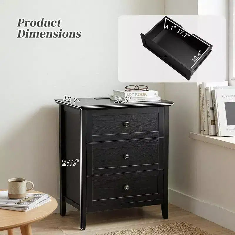Karl Home 24 Inch 3 Drawer Nightstand with Melamine Surface USB Type C and US Standard Power Outlets