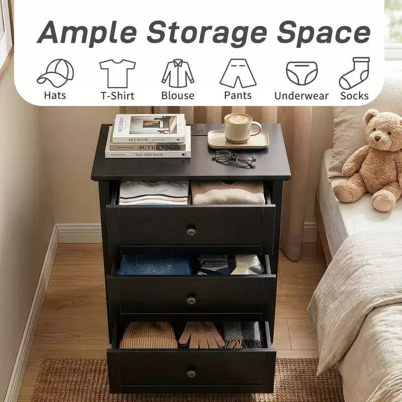 Karl Home 24 Inch 3 Drawer Nightstand with Melamine Surface USB Type C and US Standard Power Outlets