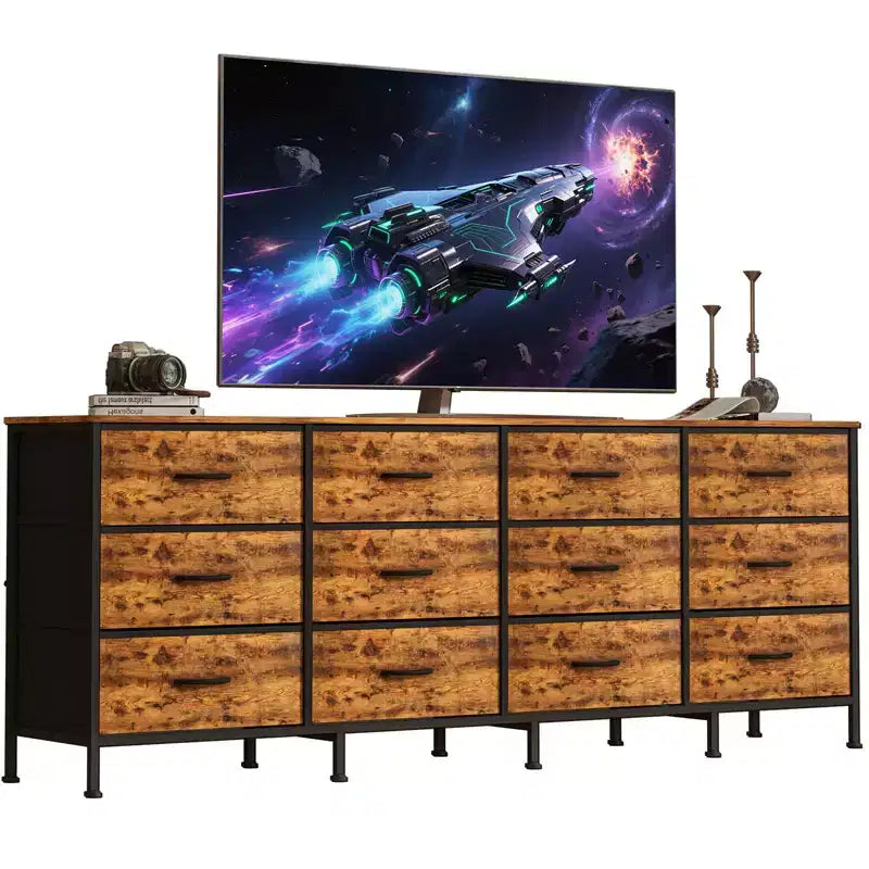 70 Long Dresser with 12 Fabric Drawers & Charging Station, TV Stand Entertainment Center for 65-80 TVs