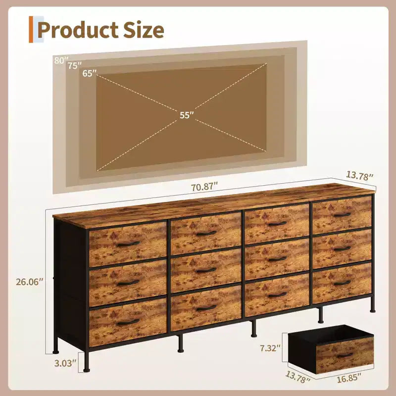 70 Long Dresser with 12 Fabric Drawers & Charging Station, TV Stand Entertainment Center for 65-80 TVs