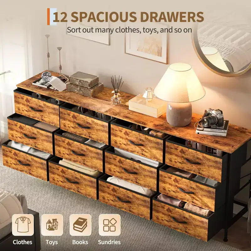 70 Long Dresser with 12 Fabric Drawers & Charging Station, TV Stand Entertainment Center for 65-80 TVs