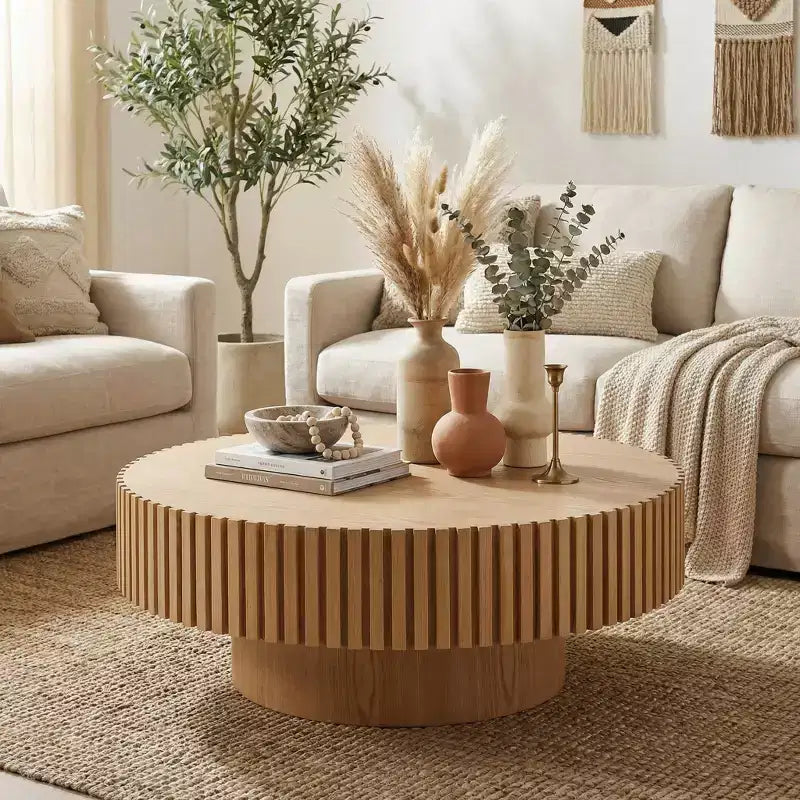 JVNOXK 39.37 Natural Wood Coffee Table, coffee table Modern Handcraft Drum Coffee Table Circle Coffee Table for Living Room,ASH