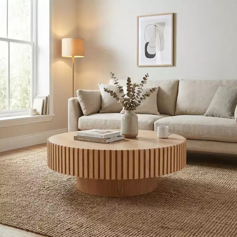 JVNOXK 39.37 Natural Wood Coffee Table, coffee table Modern Handcraft Drum Coffee Table Circle Coffee Table for Living Room,ASH