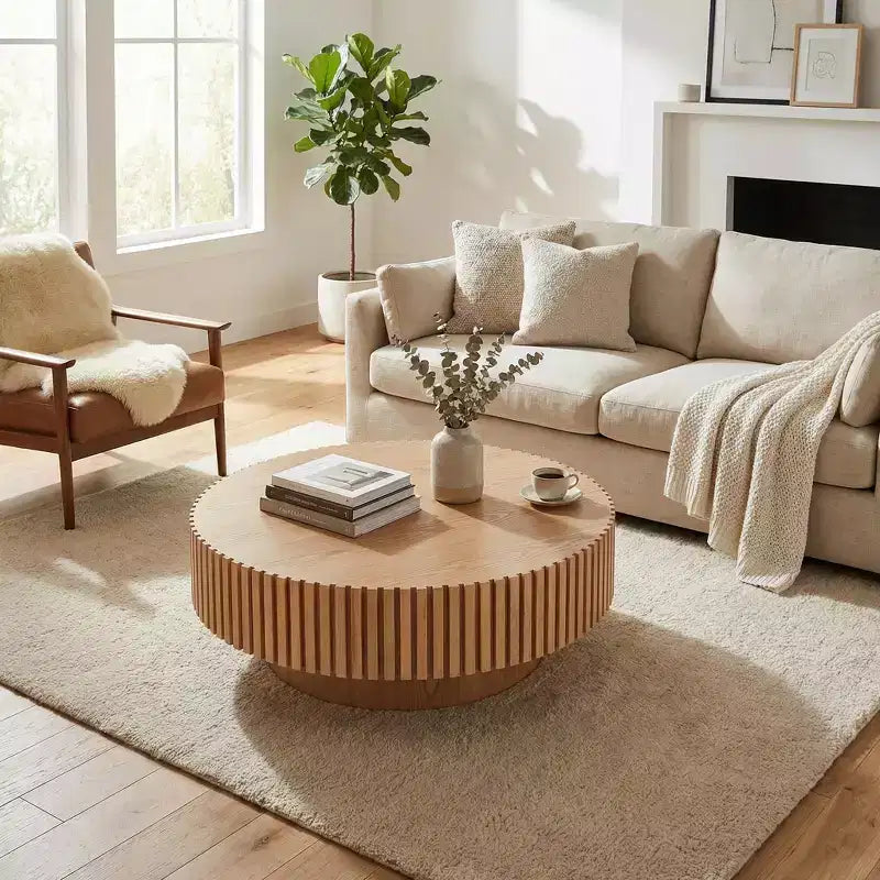 JVNOXK 39.37 Natural Wood Coffee Table, coffee table Modern Handcraft Drum Coffee Table Circle Coffee Table for Living Room,ASH