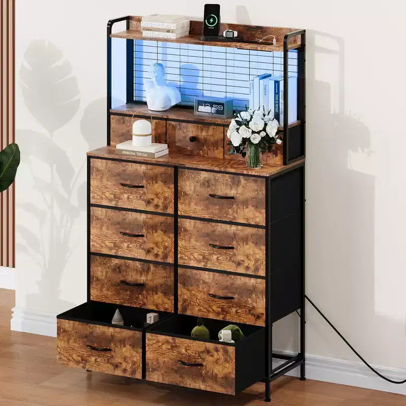 Smart Dresser with 11 Fabric Drawers, Built-in Charging Station & App-Controlled RGB Lighting - Anti-Tipping Design for Bedroom, Living Room, Closet