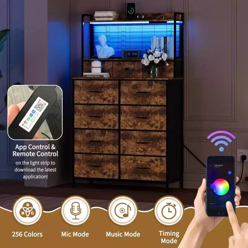 Smart Dresser with 11 Fabric Drawers, Built-in Charging Station & App-Controlled RGB Lighting - Anti-Tipping Design for Bedroom, Living Room, Closet