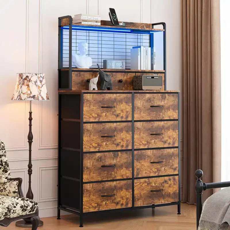 Smart Dresser with 11 Fabric Drawers, Built-in Charging Station & App-Controlled RGB Lighting - Anti-Tipping Design for Bedroom, Living Room, Closet