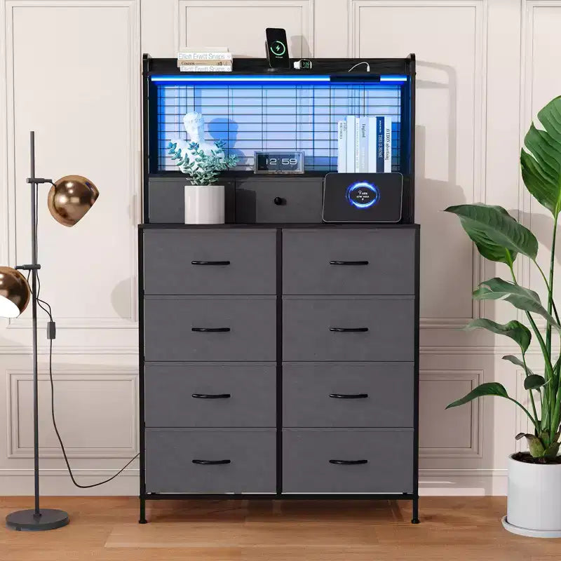 Smart Dresser with 11 Fabric Drawers, Built-in Charging Station & App-Controlled RGB Lighting - Anti-Tipping Design for Bedroom, Living Room, Closet