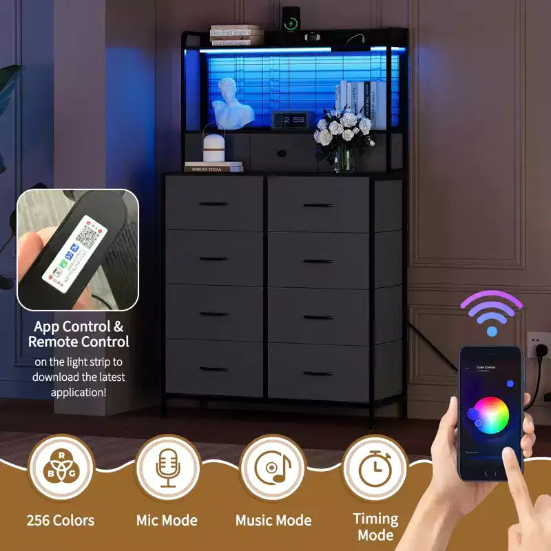 Smart Dresser with 11 Fabric Drawers, Built-in Charging Station & App-Controlled RGB Lighting - Anti-Tipping Design for Bedroom, Living Room, Closet