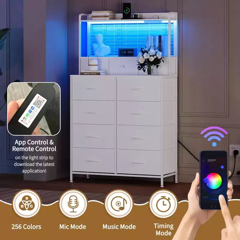 Smart Dresser with 11 Fabric Drawers, Built-in Charging Station & App-Controlled RGB Lighting - Anti-Tipping Design for Bedroom, Living Room, Closet
