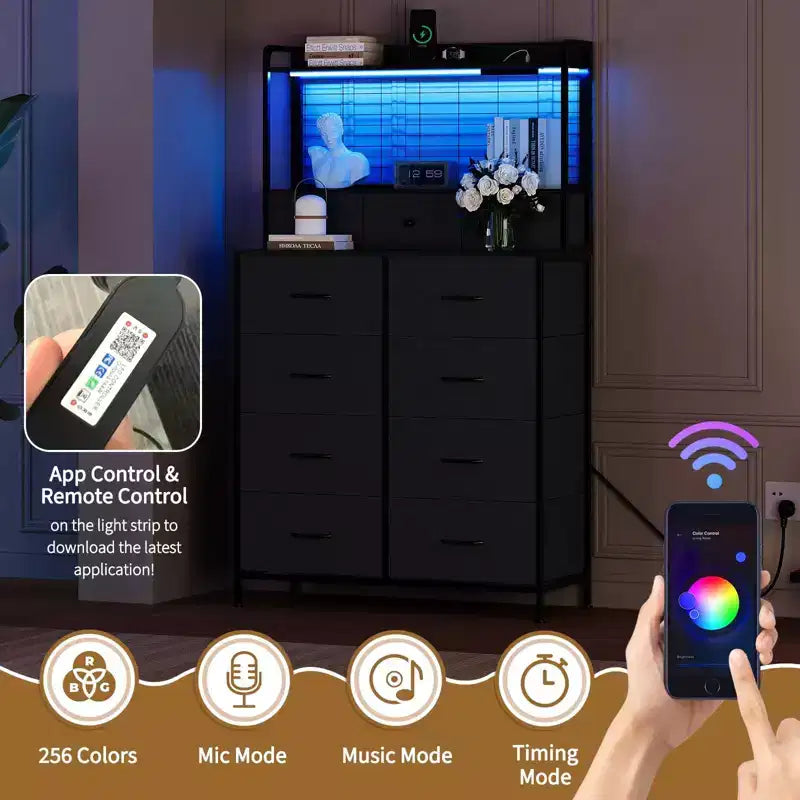 Smart Dresser with 11 Fabric Drawers, Built-in Charging Station & App-Controlled RGB Lighting - Anti-Tipping Design for Bedroom, Living Room, Closet