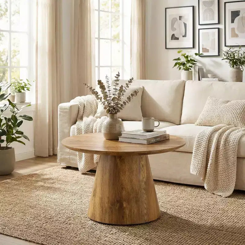 JVNOXK Natural Wood Grain MDF Round Coffee Table - 23.6 Diameter, 13.8 Height,Exquisite Wood Grain Surface,Wood