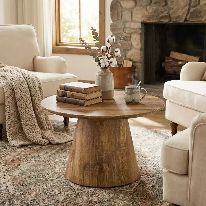JVNOXK Natural Wood Grain MDF Round Coffee Table - 23.6 Diameter, 13.8 Height,Exquisite Wood Grain Surface,Wood