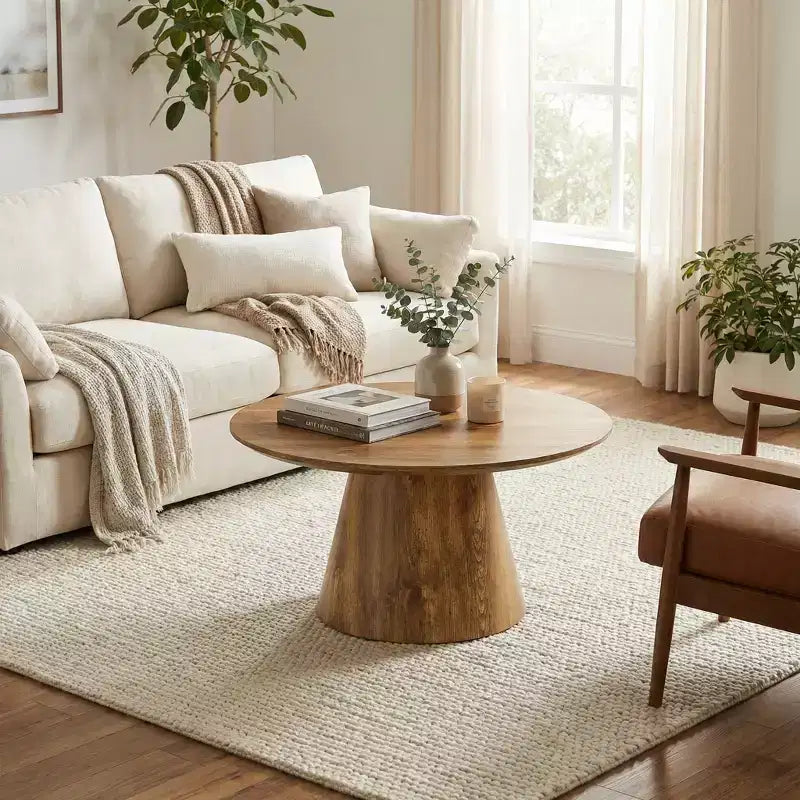 JVNOXK Natural Wood Grain MDF Round Coffee Table - 23.6 Diameter, 13.8 Height,Exquisite Wood Grain Surface,Wood