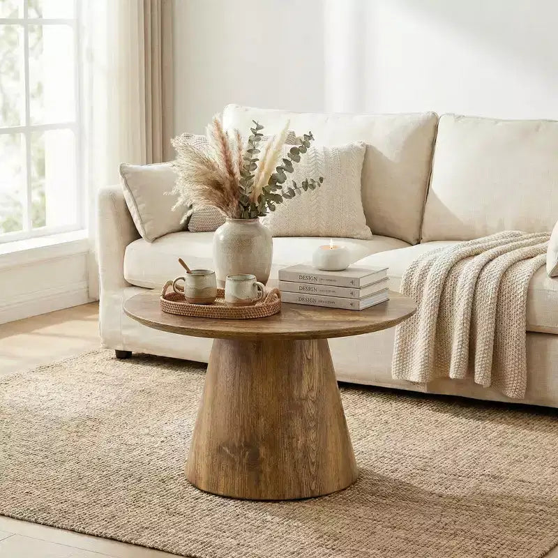 JVNOXK Natural Wood Grain MDF Round Coffee Table - 23.6 Diameter, 13.8 Height,Exquisite Wood Grain Surface,Wood