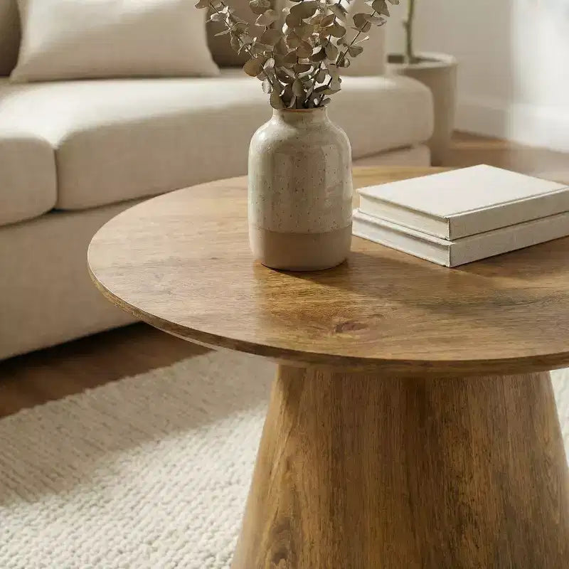 JVNOXK Natural Wood Grain MDF Round Coffee Table - 23.6 Diameter, 13.8 Height,Exquisite Wood Grain Surface,Wood
