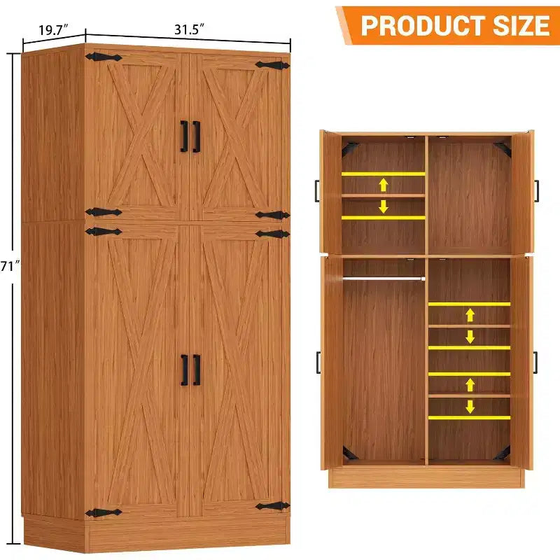 Besiost 71 Farmhouse Wooden Wardrobe with 4 Barn Doors, Closet Cabinet with Adjustable Shelves and Hanging Rods