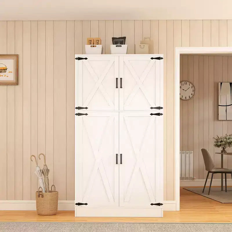 Besiost 71 Farmhouse Wooden Wardrobe with 4 Barn Doors, Closet Cabinet with Adjustable Shelves and Hanging Rods