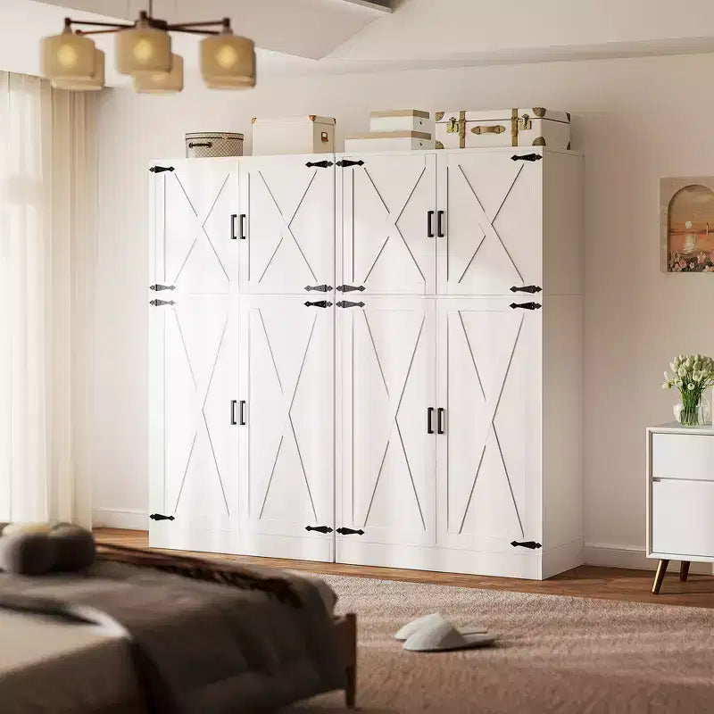 Besiost 71 Farmhouse Wooden Wardrobe with 4 Barn Doors, Closet Cabinet with Adjustable Shelves and Hanging Rods