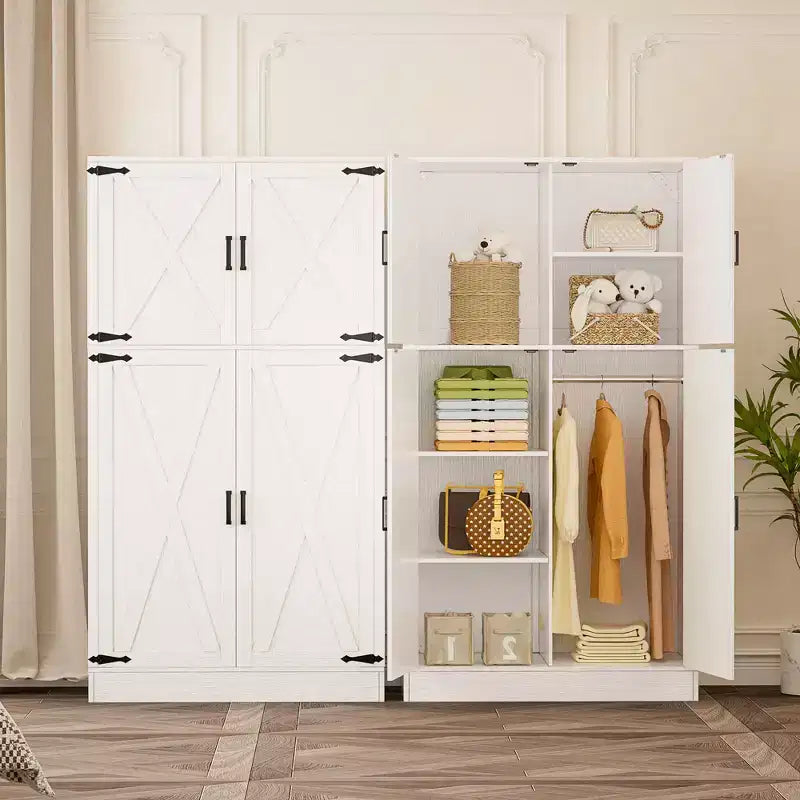 Besiost 71 Farmhouse Wooden Wardrobe with 4 Barn Doors, Closet Cabinet with Adjustable Shelves and Hanging Rods