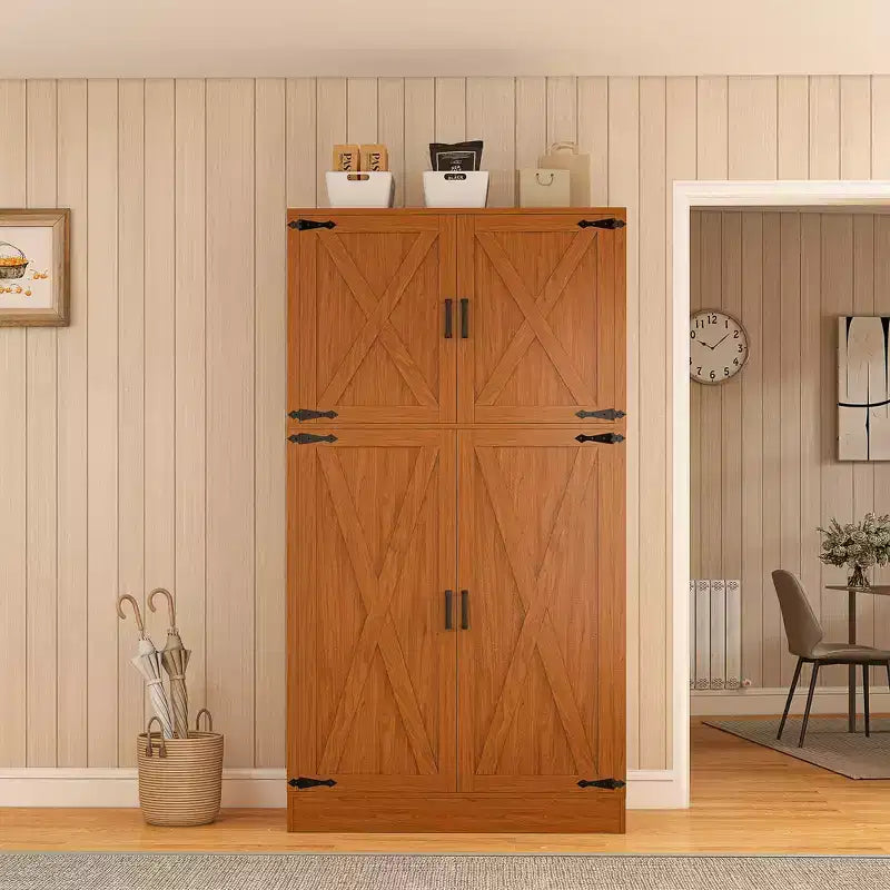 Besiost 71 Farmhouse Wooden Wardrobe with 4 Barn Doors, Closet Cabinet with Adjustable Shelves and Hanging Rods