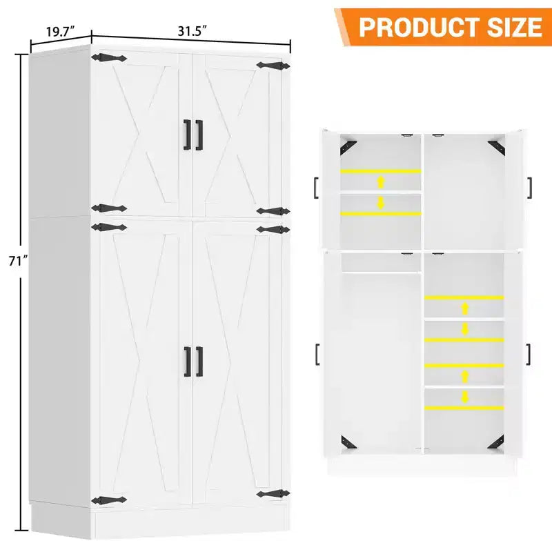 Besiost 71 Farmhouse Wooden Wardrobe with 4 Barn Doors, Closet Cabinet with Adjustable Shelves and Hanging Rods
