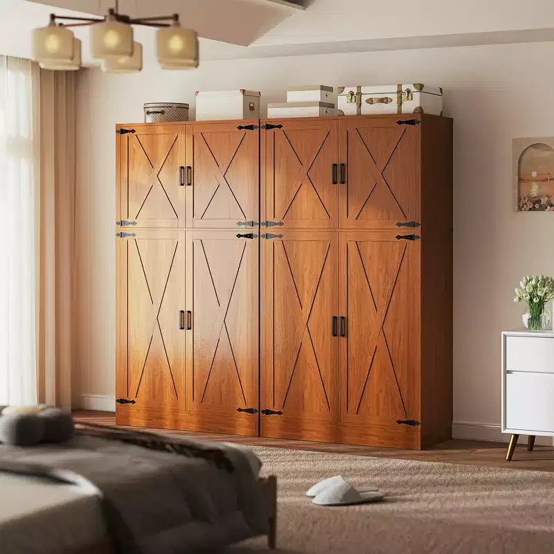 Besiost 71 Farmhouse Wooden Wardrobe with 4 Barn Doors, Closet Cabinet with Adjustable Shelves and Hanging Rods