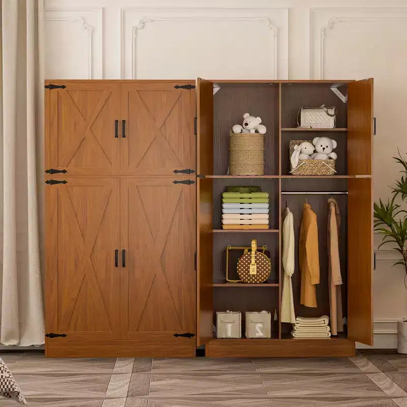 Besiost 71 Farmhouse Wooden Wardrobe with 4 Barn Doors, Closet Cabinet with Adjustable Shelves and Hanging Rods