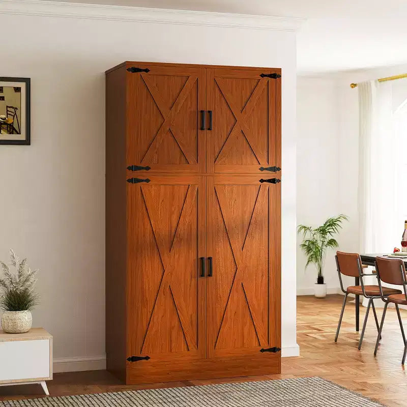 Besiost 71 Farmhouse Wooden Wardrobe with 4 Barn Doors, Closet Cabinet with Adjustable Shelves and Hanging Rods