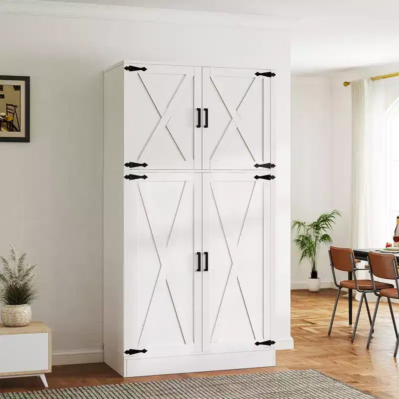 Besiost 71 Farmhouse Wooden Wardrobe with 4 Barn Doors, Closet Cabinet with Adjustable Shelves and Hanging Rods