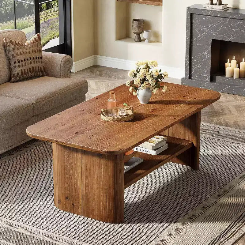 Lantine Solid Wood Coffee Table for Living Room, 47.24 Rectangle Coffee Table with Storage, 2-Tier Center Table for Home, Apartment, Office, Brown