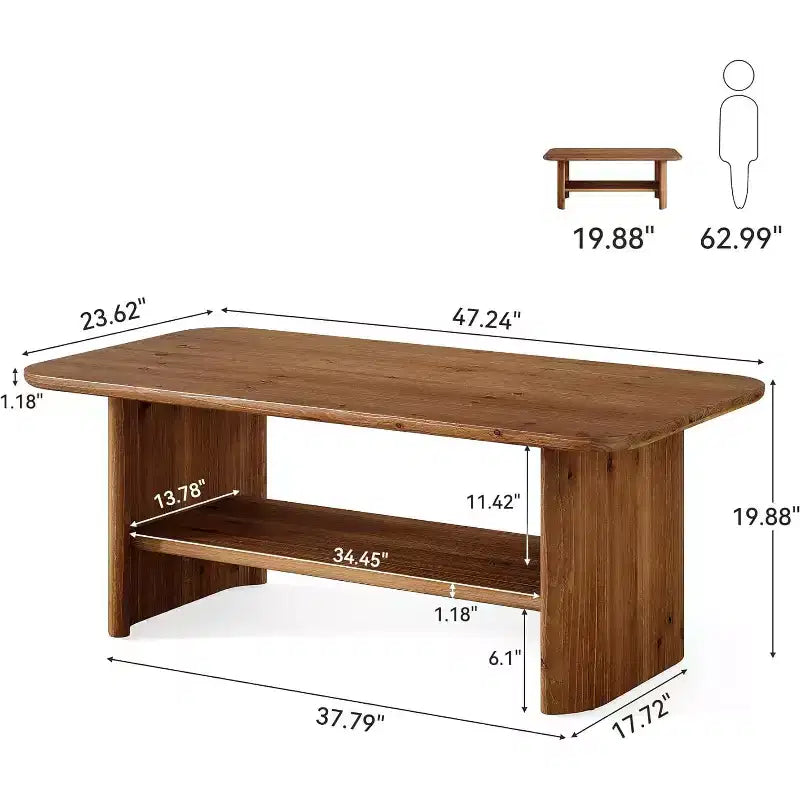 Lantine Solid Wood Coffee Table for Living Room, 47.24 Rectangle Coffee Table with Storage, 2-Tier Center Table for Home, Apartment, Office, Brown
