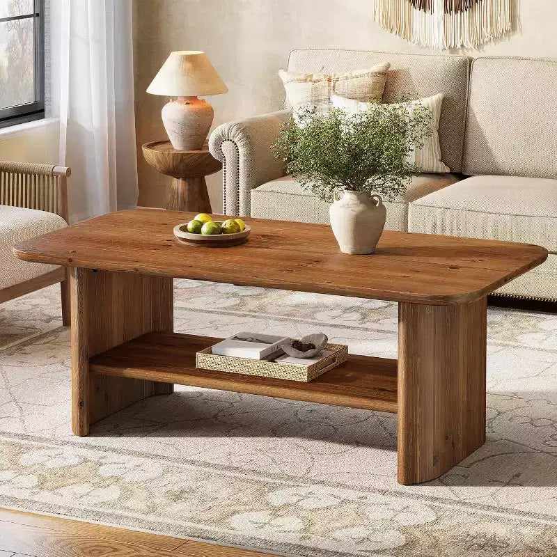 Lantine Solid Wood Coffee Table for Living Room, 47.24 Rectangle Coffee Table with Storage, 2-Tier Center Table for Home, Apartment, Office, Brown