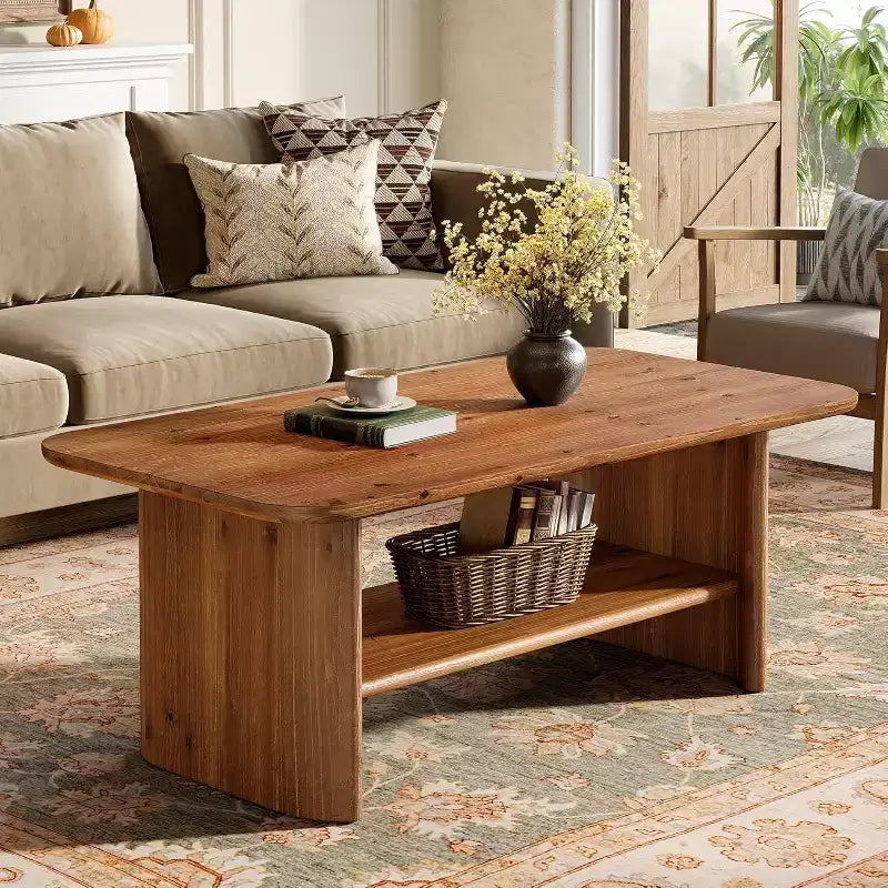 Lantine Solid Wood Coffee Table for Living Room, 47.24 Rectangle Coffee Table with Storage, 2-Tier Center Table for Home, Apartment, Office, Brown