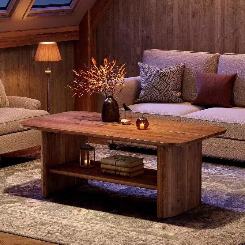 Lantine Solid Wood Coffee Table for Living Room, 47.24 Rectangle Coffee Table with Storage, 2-Tier Center Table for Home, Apartment, Office, Brown