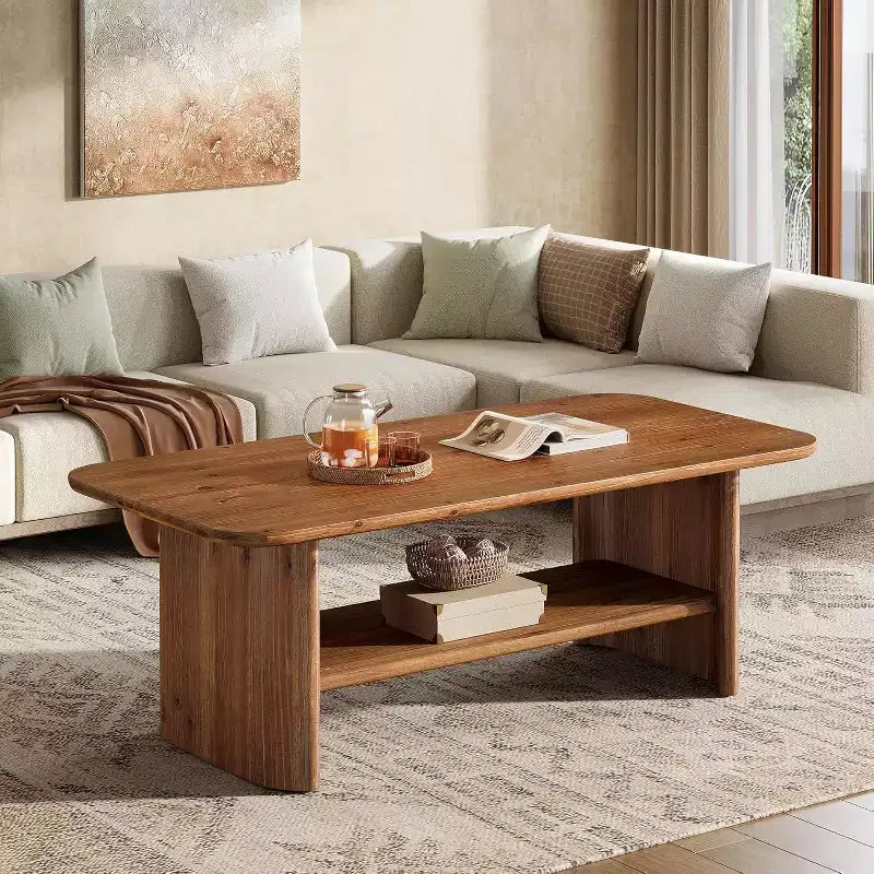 Lantine Solid Wood Coffee Table for Living Room, 47.24 Rectangle Coffee Table with Storage, 2-Tier Center Table for Home, Apartment, Office, Brown