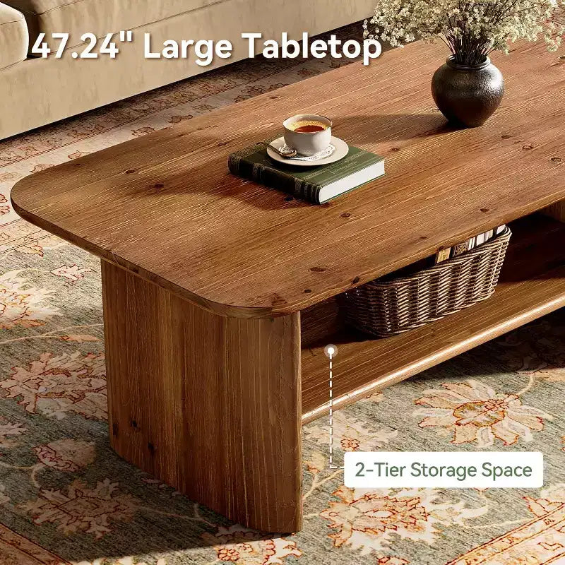 Lantine Solid Wood Coffee Table for Living Room, 47.24 Rectangle Coffee Table with Storage, 2-Tier Center Table for Home, Apartment, Office, Brown