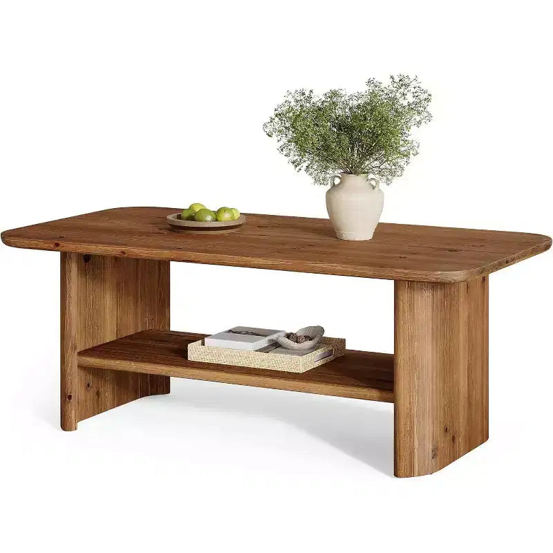 Lantine Solid Wood Coffee Table for Living Room, 47.24 Rectangle Coffee Table with Storage, 2-Tier Center Table for Home, Apartment, Office, Brown