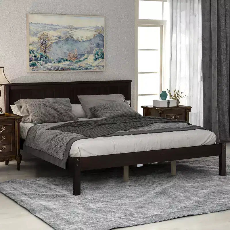 FAMYYT Queen Size Platform Bed With Headboard, Easy Assembly, Espresso
