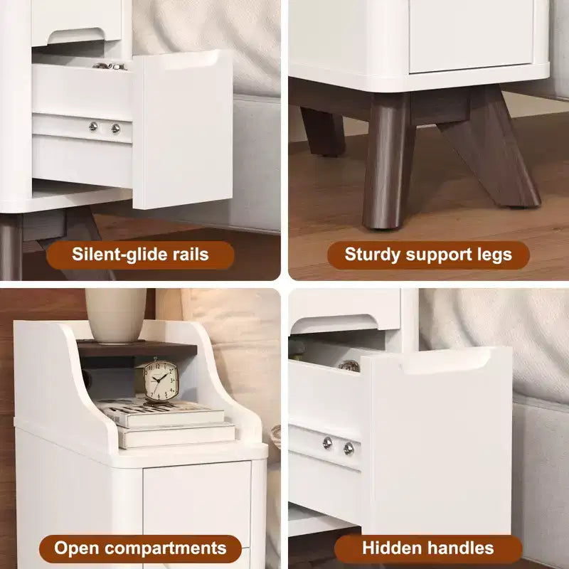 Wooden Small 2 Drawer Nightstand, Side Table with Charger Station for Bedroom Living Room