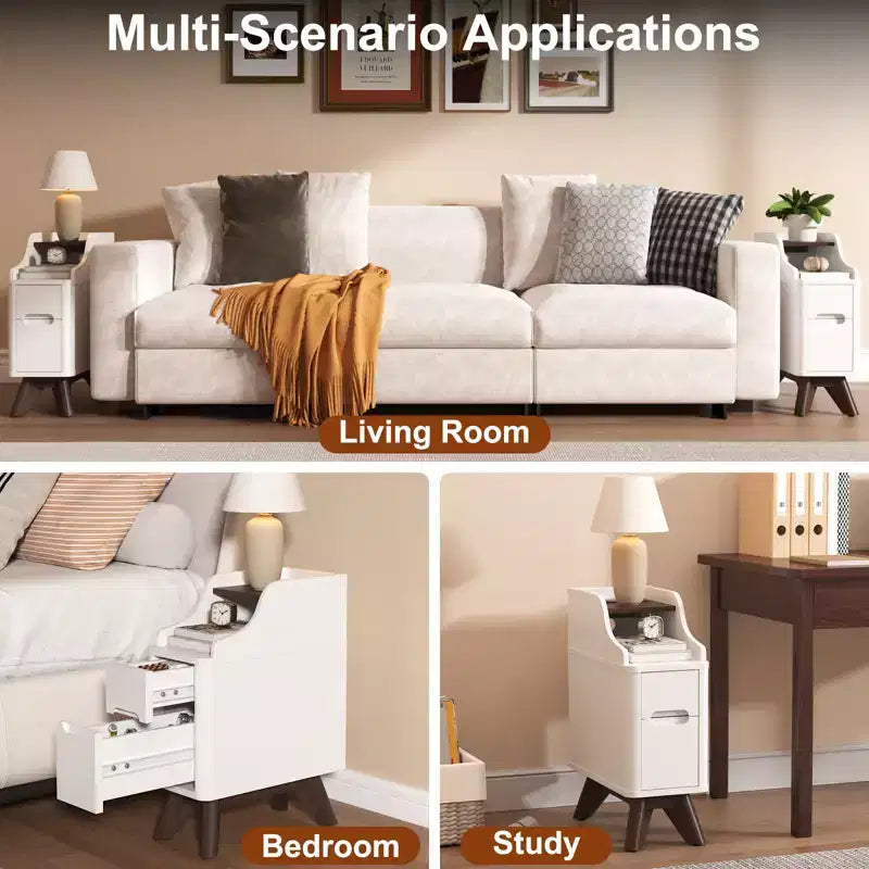 Wooden Small 2 Drawer Nightstand, Side Table with Charger Station for Bedroom Living Room