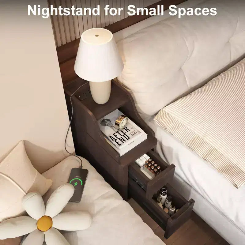 Wooden Small 2 Drawer Nightstand, Side Table with Charger Station for Bedroom Living Room
