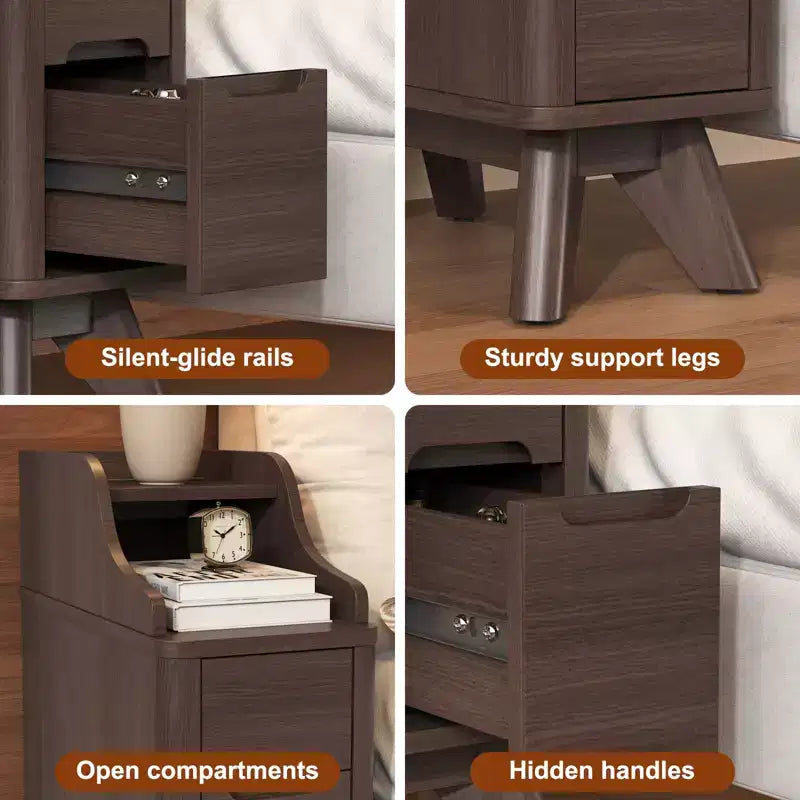 Wooden Small 2 Drawer Nightstand, Side Table with Charger Station for Bedroom Living Room