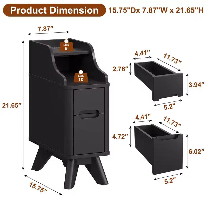 Wooden Small 2 Drawer Nightstand, Side Table with Charger Station for Bedroom Living Room